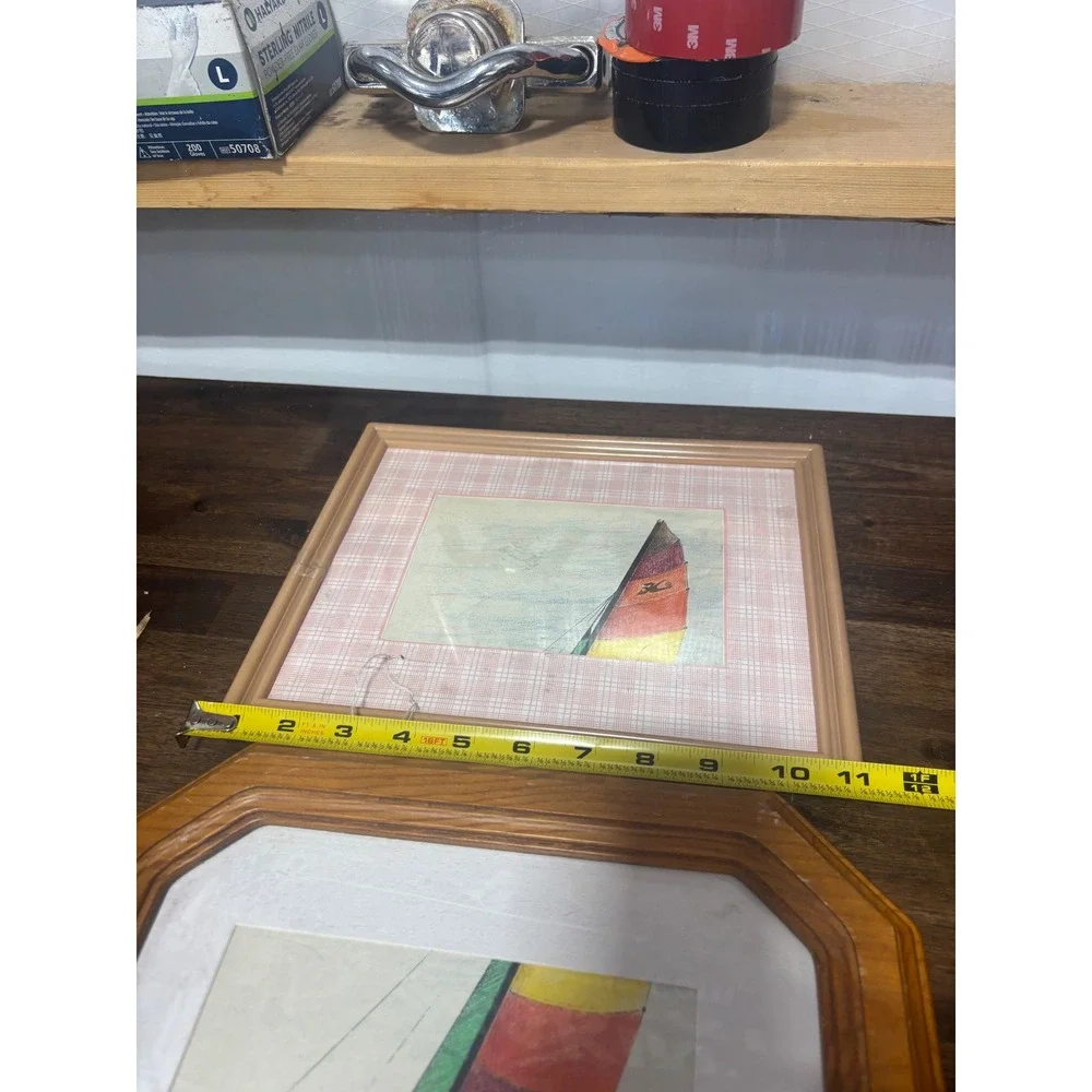 Vintage Framed Sailboat Art Set Hobie Cat Catamaran Nautical Decor 2 Pieces